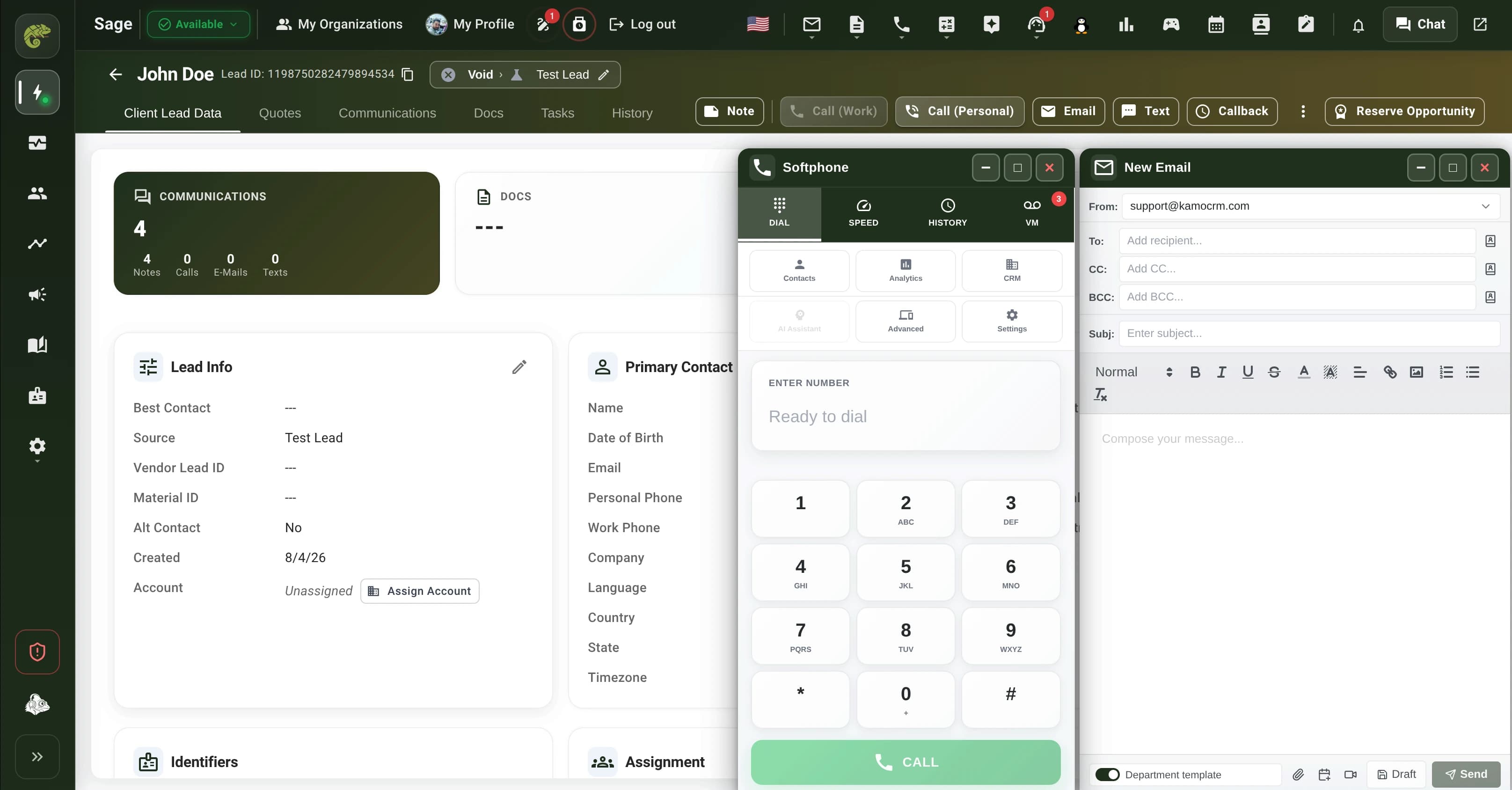 The full lead record, with the softphone and the email composer open over it.